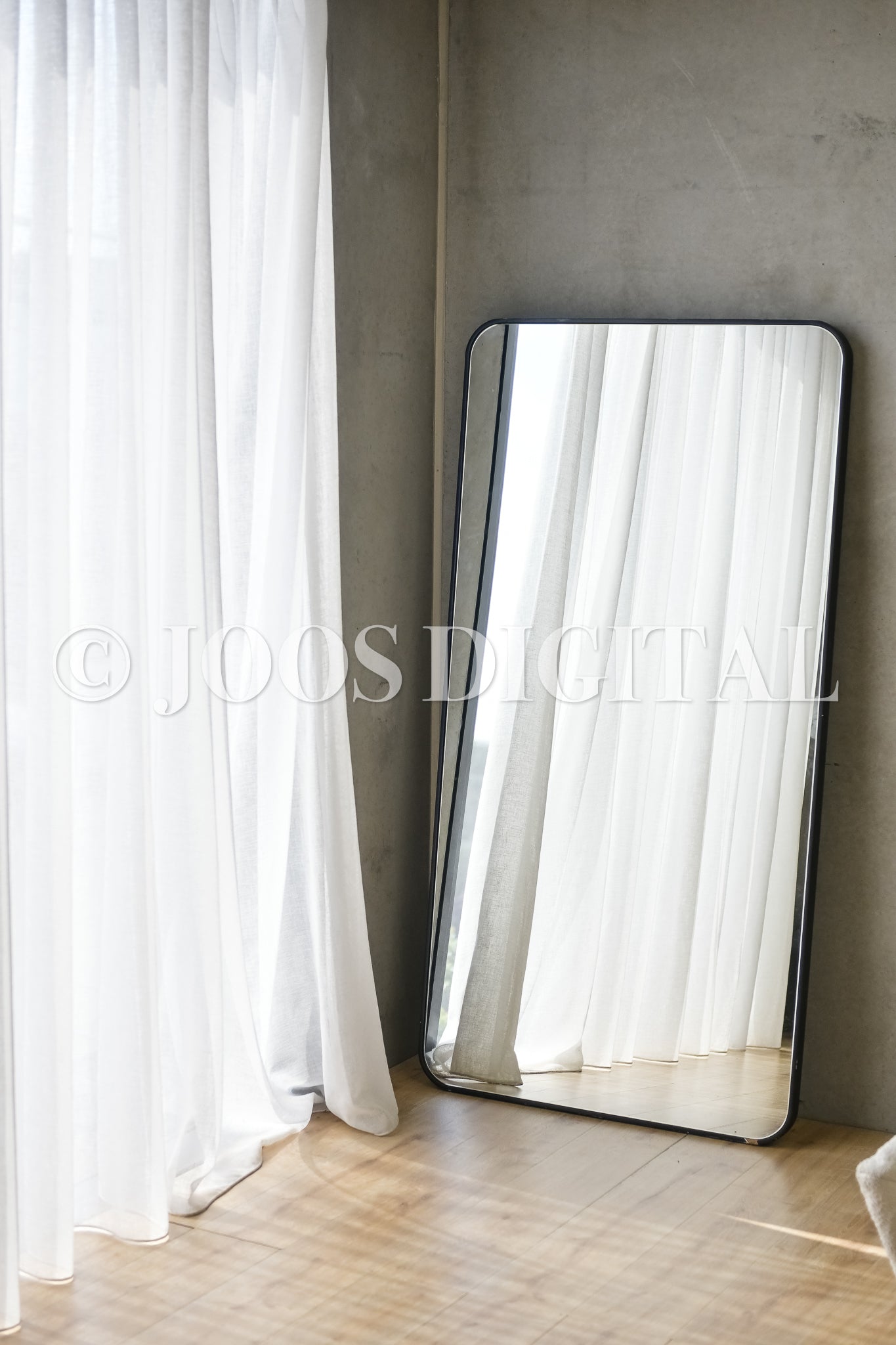 Full Length Mirror Next To White Curtain